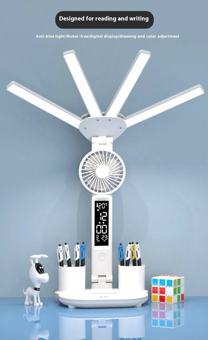 Lámpara LED Multifunción 4 en 1 con Ventilador, Reloj Digital y Portalápices