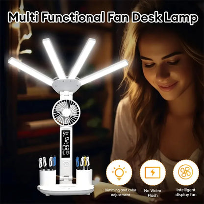 Lámpara LED Multifunción 4 en 1 con Ventilador, Reloj Digital y Portalápices