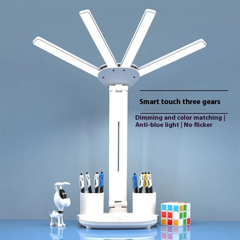 Lámpara LED Multifunción 4 en 1 con Ventilador, Reloj Digital y Portalápices