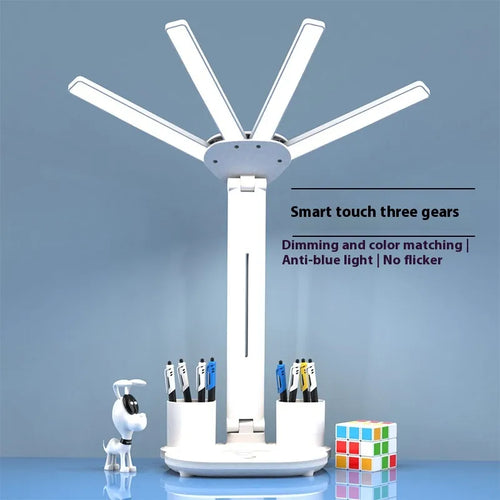 Lámpara LED Multifunción 4 en 1 con Ventilador, Reloj Digital y Portalápices