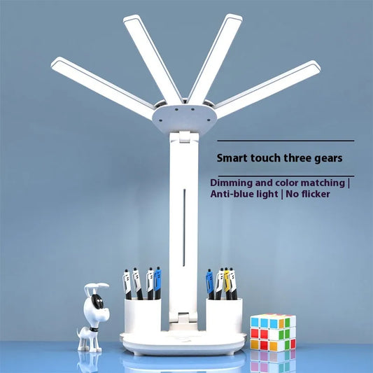 Lámpara LED Multifunción 4 en 1 con Ventilador, Reloj Digital y Portalápices