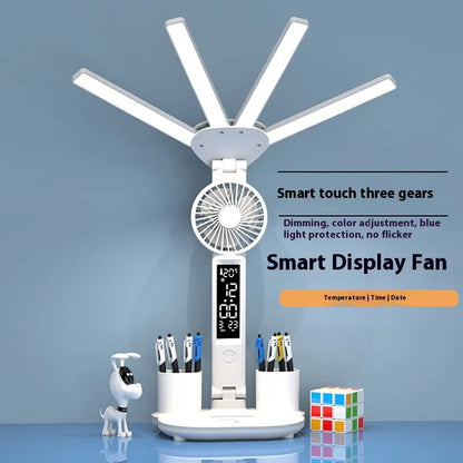 Lámpara LED Multifunción 4 en 1 con Ventilador, Reloj Digital y Portalápices