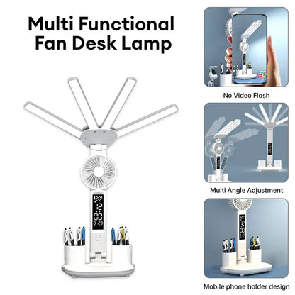 Lámpara LED Multifunción 4 en 1 con Ventilador, Reloj Digital y Portalápices