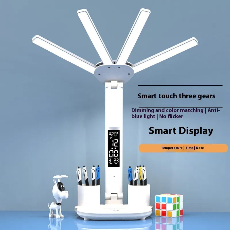 Lámpara LED Multifunción 4 en 1 con Ventilador, Reloj Digital y Portalápices